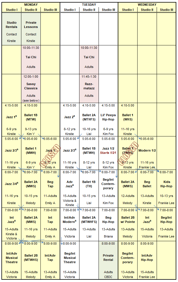 North Carolina Dance Institute 20242025 (Fall/Spring) Dance Class Schedule